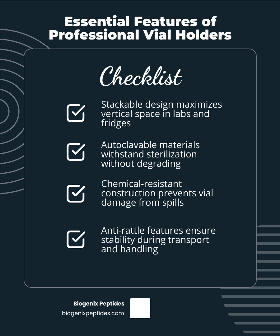 Infographic showing vial holder types, key materials, and rack capacities for lab research - vial holder infographic Infographic showing vial holder types, key materials, and rack capacities for lab research - vial holder infographic