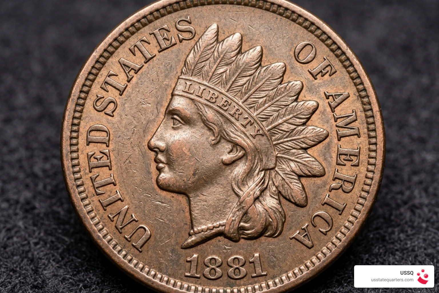 Detailed view of the Liberty headband and feather headdress on an 1881 penny - 1881 indian head penny