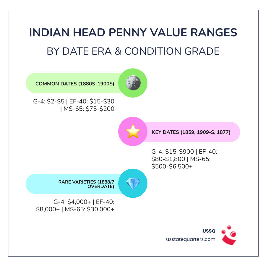 Infographic showing Indian Head Penny value ranges by date era and condition grade from Good to MS-65 - indian head penny Infographic showing Indian Head Penny value ranges by date era and condition grade from Good to MS-65 - indian head penny
