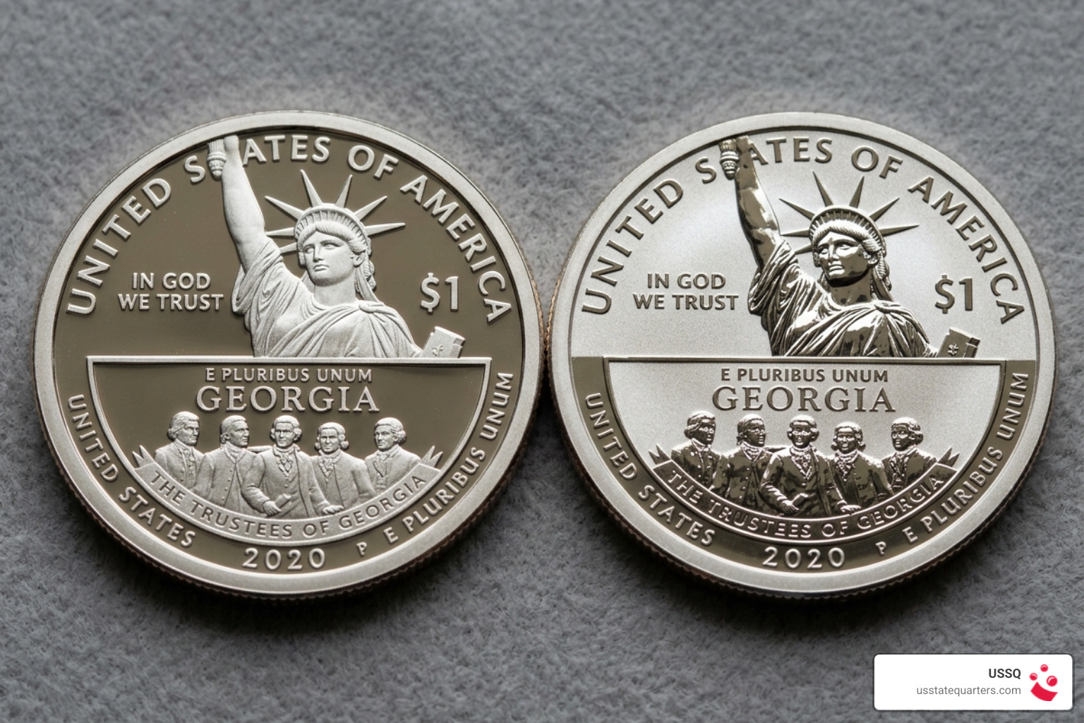 Photorealistic comparison showing a standard proof coin with mirror fields and frosted designs next to a reverse proof