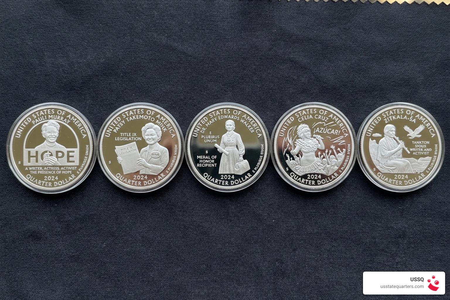 The five 2024 American Women Quarter reverse designs showing Murray, Mink, Walker, Cruz, and Zitkala-&Scaron;a - 2024 silver proof