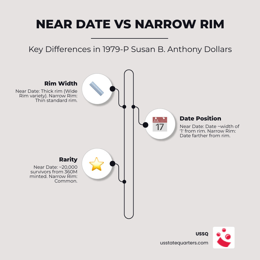 Infographic comparing 1979-P Wide Rim Near Date vs Narrow Rim Far Date Susan B. Anthony dollar rim width and date distance