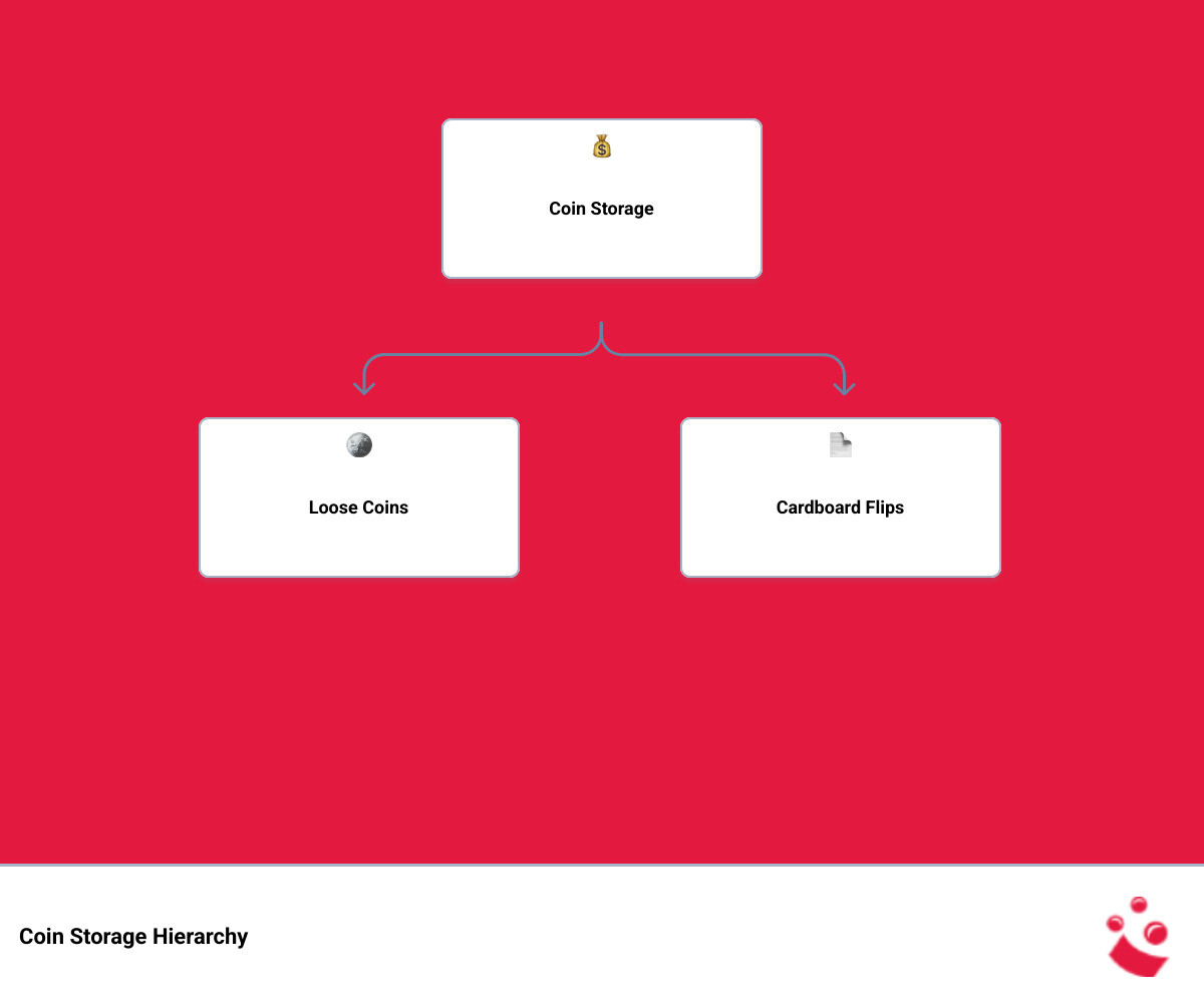 Infographic showing coin storage hierarchy from loose coins to flips to binder sheets to full binder albums - coin binder