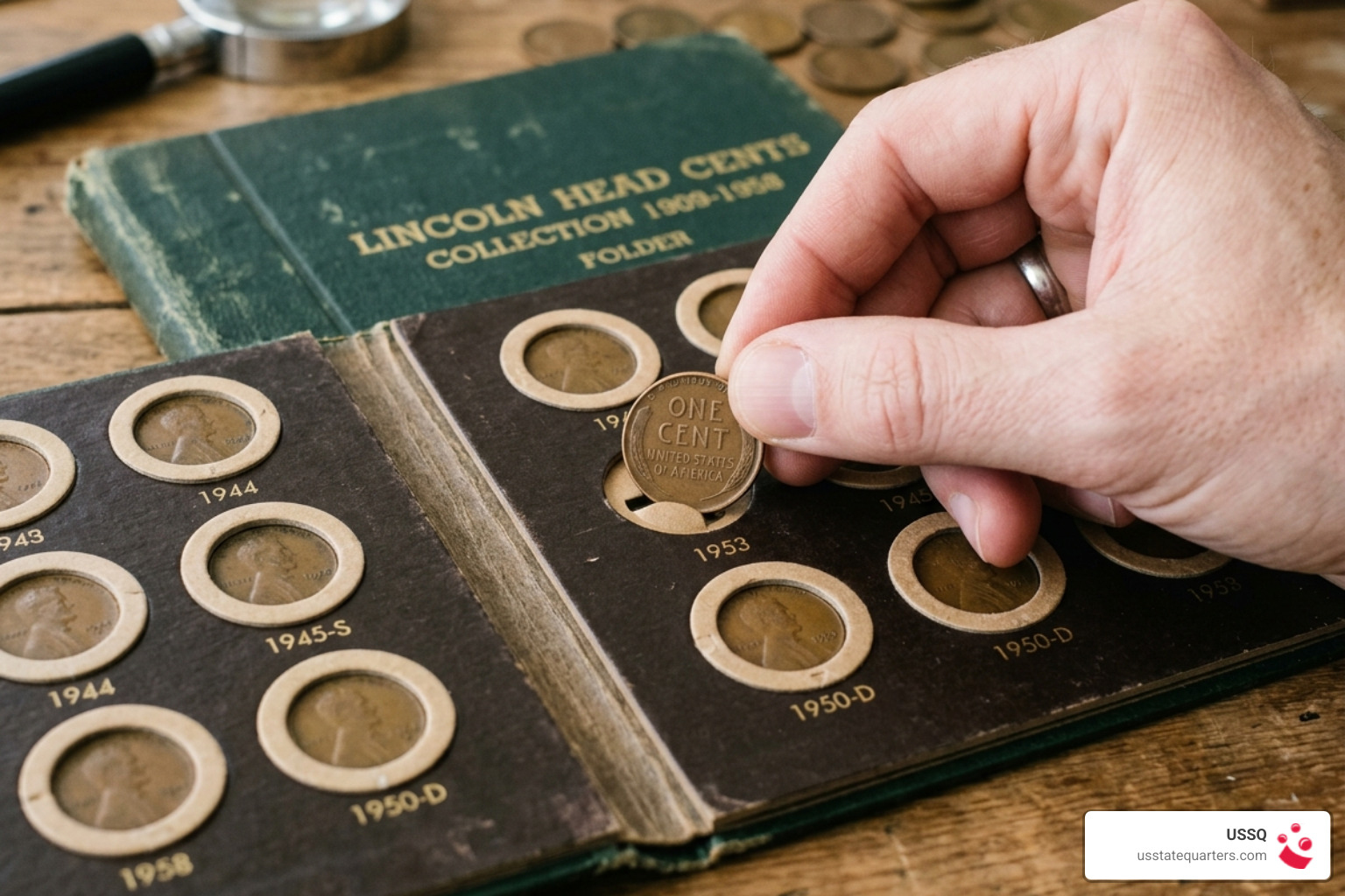 Vintage tri-fold coin folder being filled with circulated wheat pennies showing the push-and-lock mechanism - wheat penny Vintage tri-fold coin folder being filled with circulated wheat pennies showing the push-and-lock mechanism - wheat penny