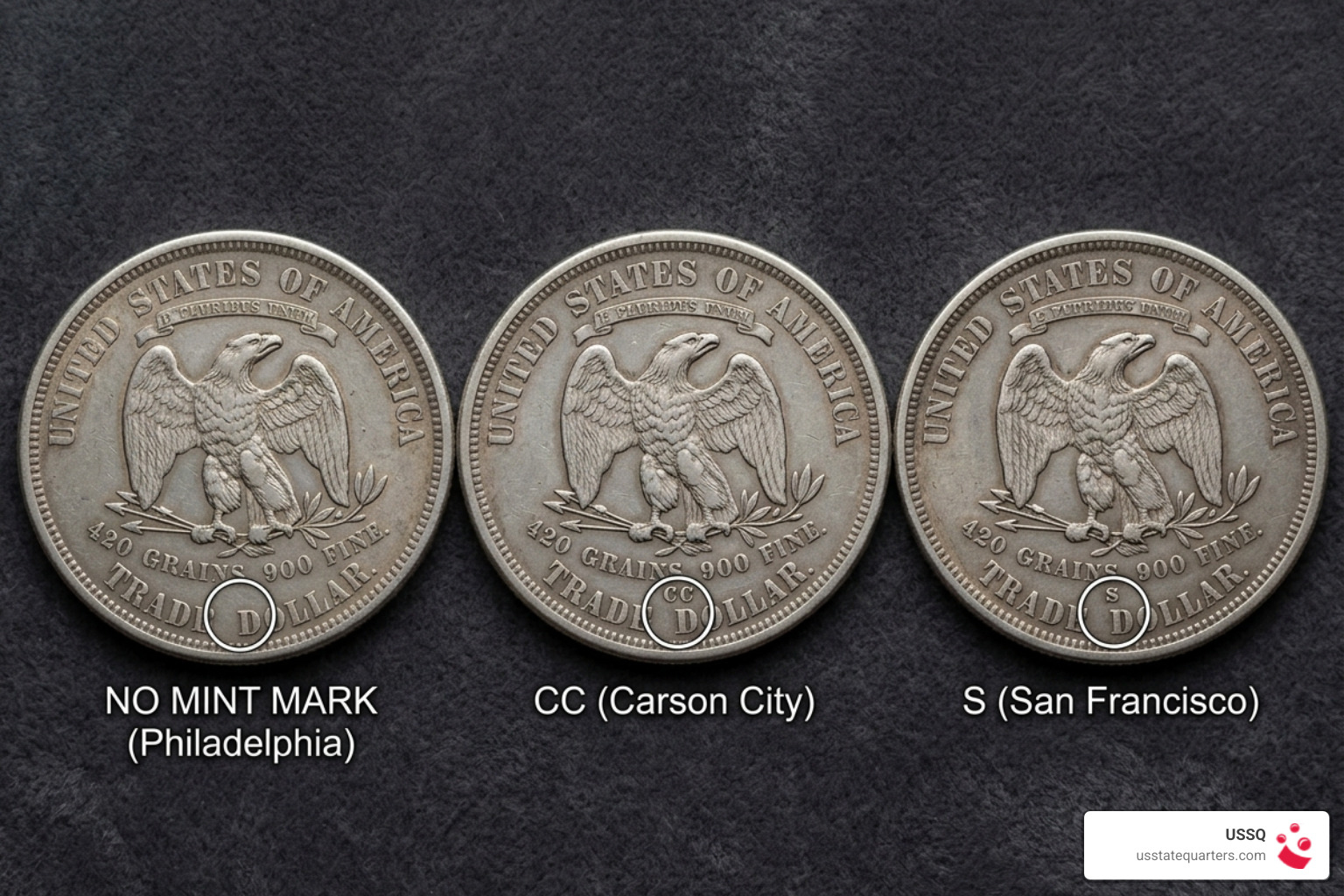 1874 trade dollar mint mark location above D in dollar Carson City San Francisco Philadelphia - 1874 trade dollar