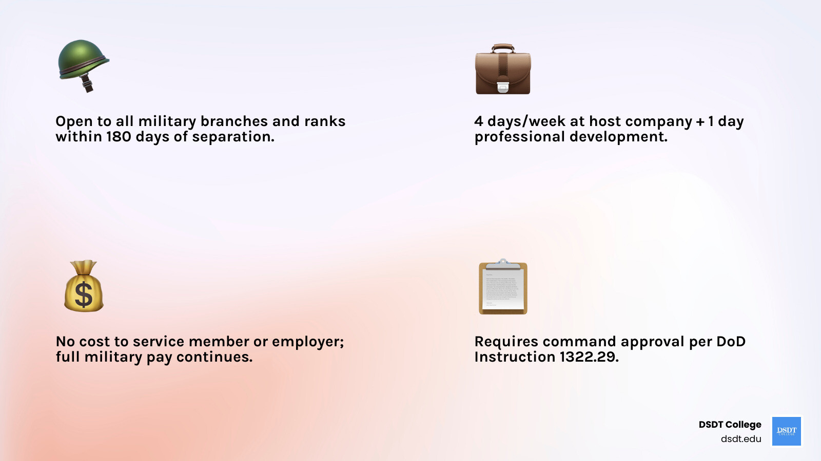 Infographic showing HOH SkillBridge fellowship types, 180-day eligibility window, weekly schedule, and cost breakdown