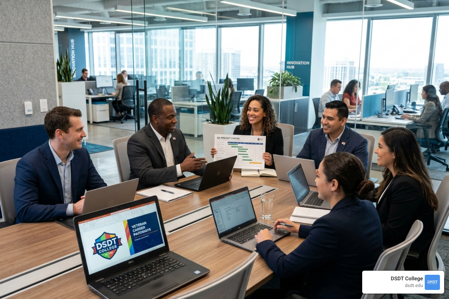 Professional corporate office environment showing veterans collaborating with civilian colleagues - hiring our heroes