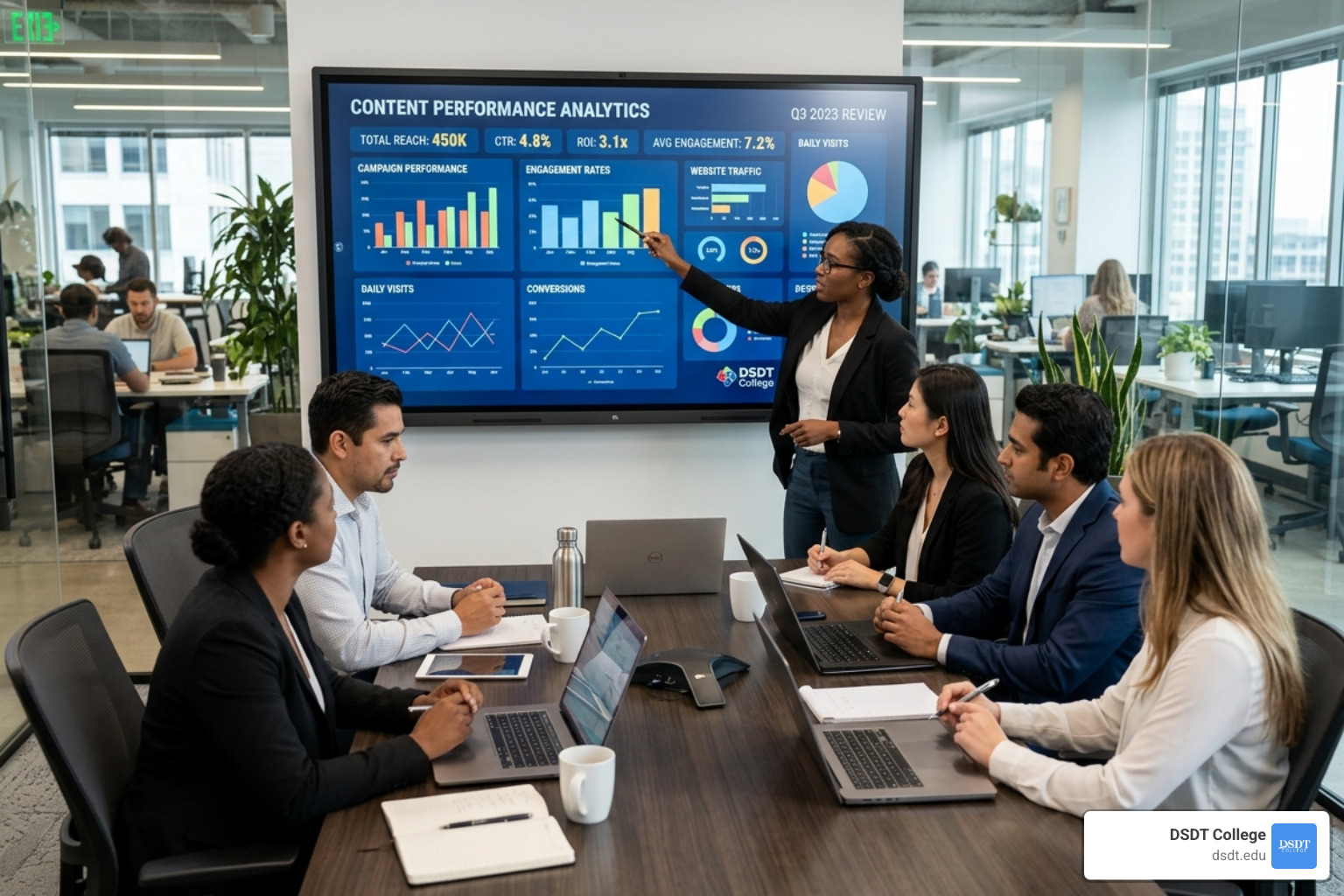 Marketing team analyzing content performance data on a large screen - content marketing course free Marketing team analyzing content performance data on a large screen - content marketing course free