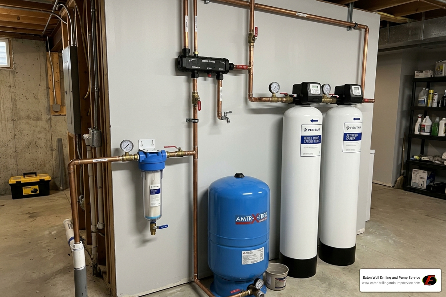 A whole-house filtration setup installed in a residential basement - well pump sediment filter