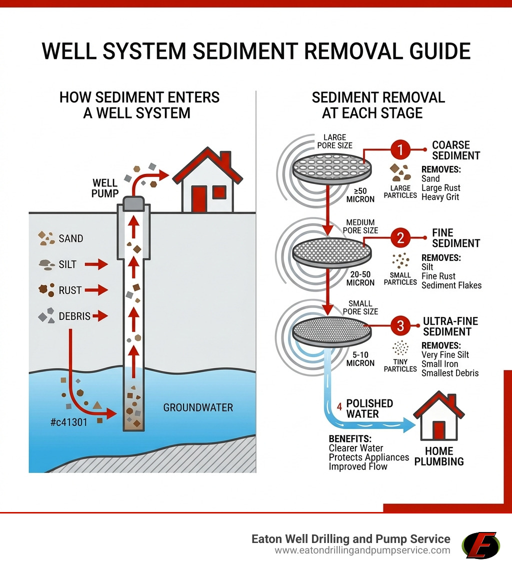 Infographic: How sediment enters a well system and what a sediment filter removes at each stage - well pump sediment filter
