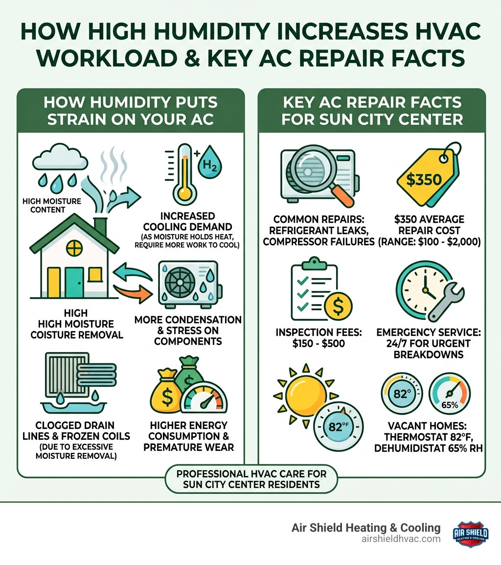 Infographic showing how high humidity increases HVAC workload and key AC repair facts for Sun City Center - air conditioning