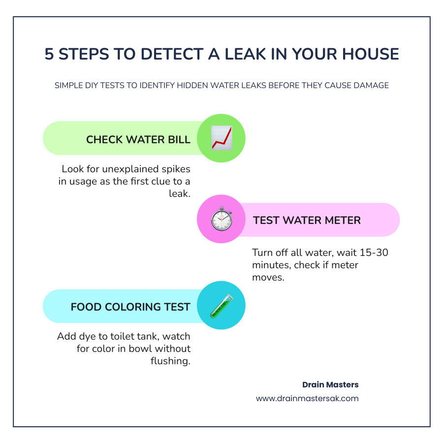 Infographic showing 5 steps to detect a leak in your house including water meter test and food coloring method - leak in