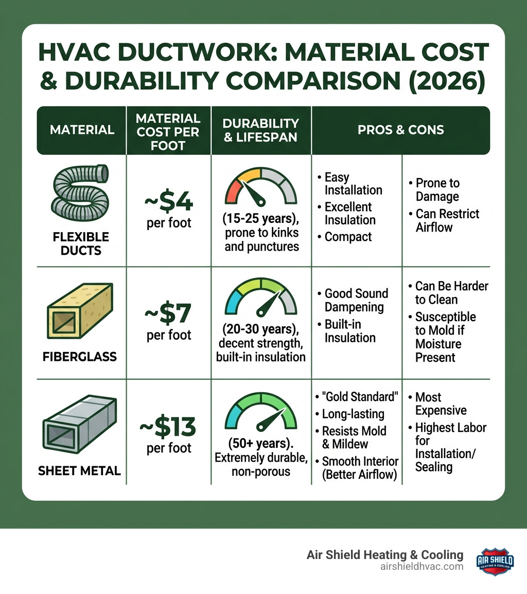 Comparison table of ductwork costs by material and durability - cost to replace hvac ductwork infographic 