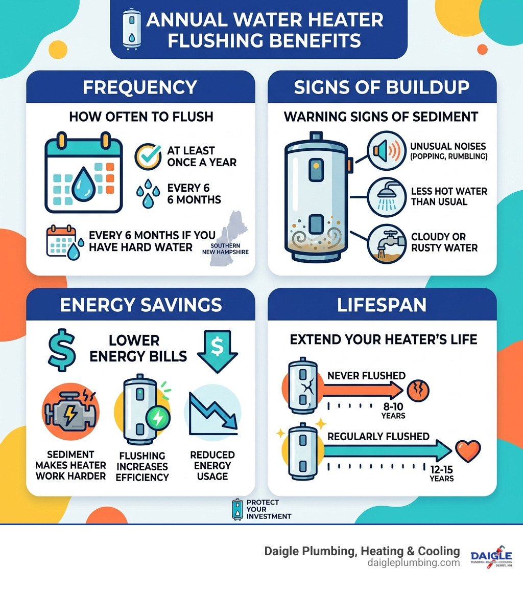 Annual water heater flushing benefits infographic: frequency, signs of buildup, energy savings, lifespan - flush water Annual water heater flushing benefits infographic: frequency, signs of buildup, energy savings, lifespan - flush water