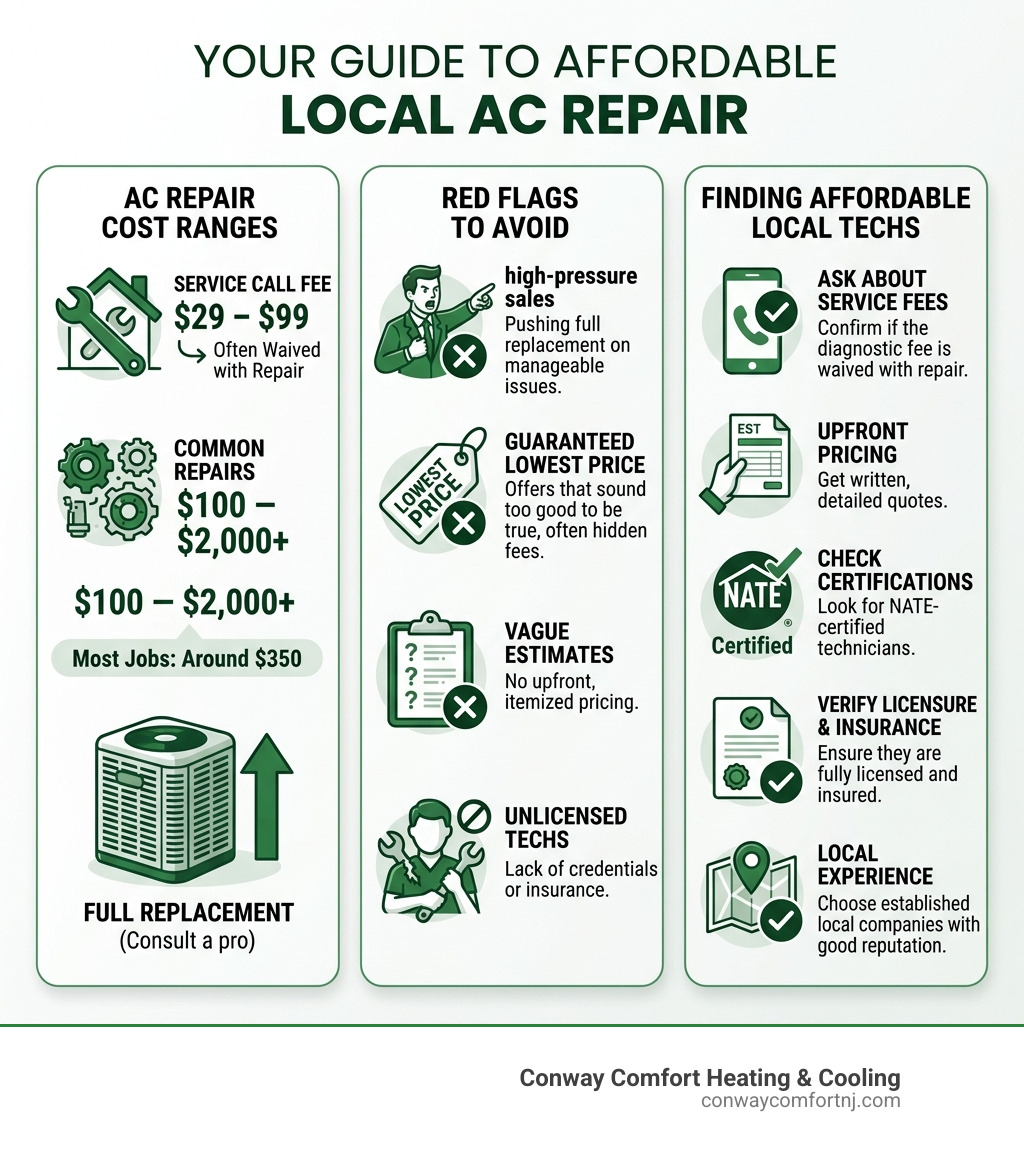 Infographic showing AC repair cost ranges, red flags to avoid, and quick tips for finding affordable local HVAC technicians