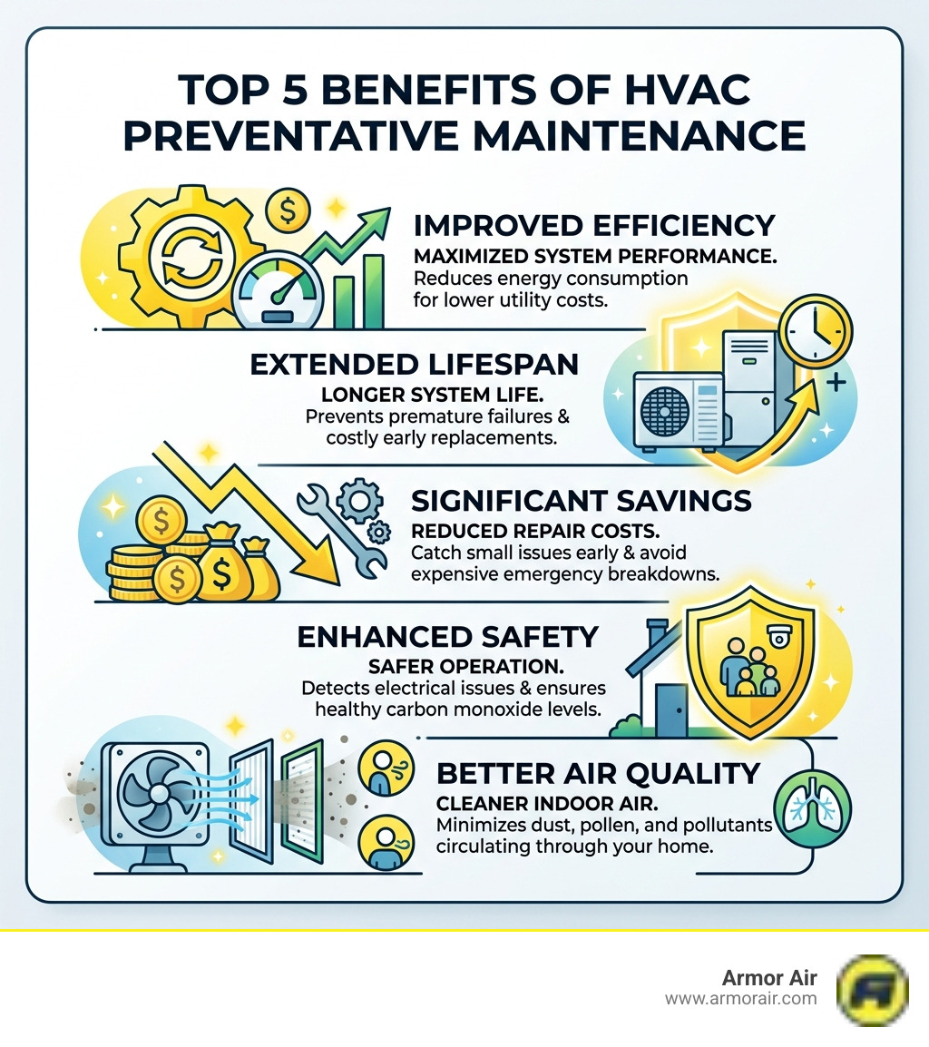 Top 5 benefits of HVAC preventative maintenance: efficiency, lifespan, savings, safety, air quality - hvac preventative