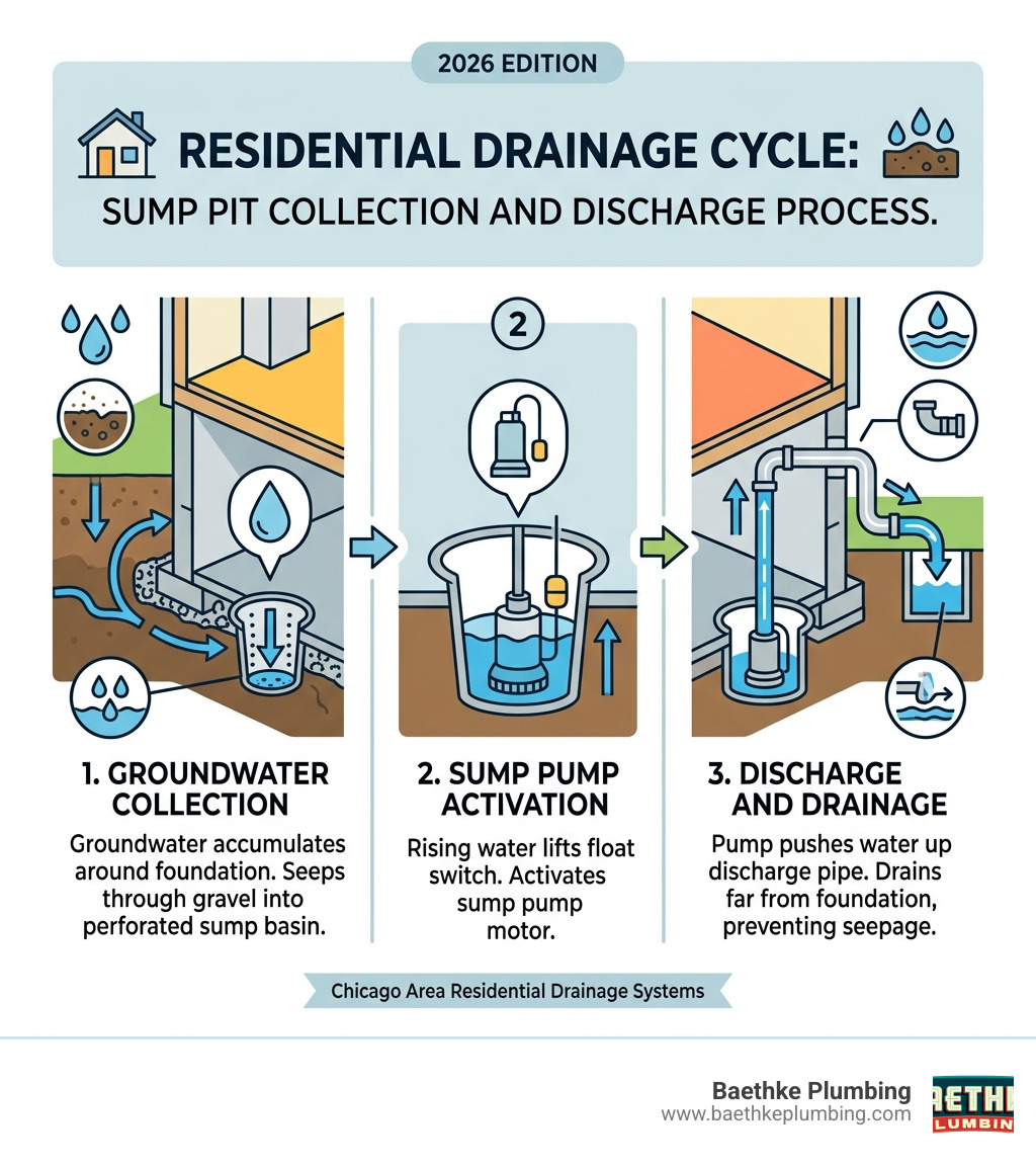 Residential drainage cycle showing sump pit water collection and discharge process - dry sump pit infographic Residential drainage cycle showing sump pit water collection and discharge process - dry sump pit infographic