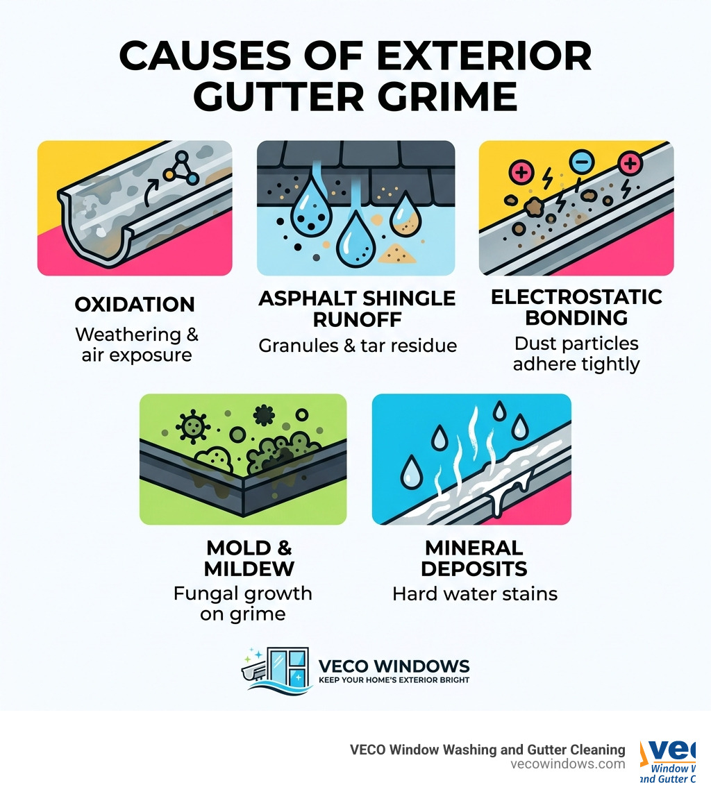 Infographic showing causes of gutter grime: oxidation, asphalt shingle runoff, electrostatic bonding, mold, and mineral