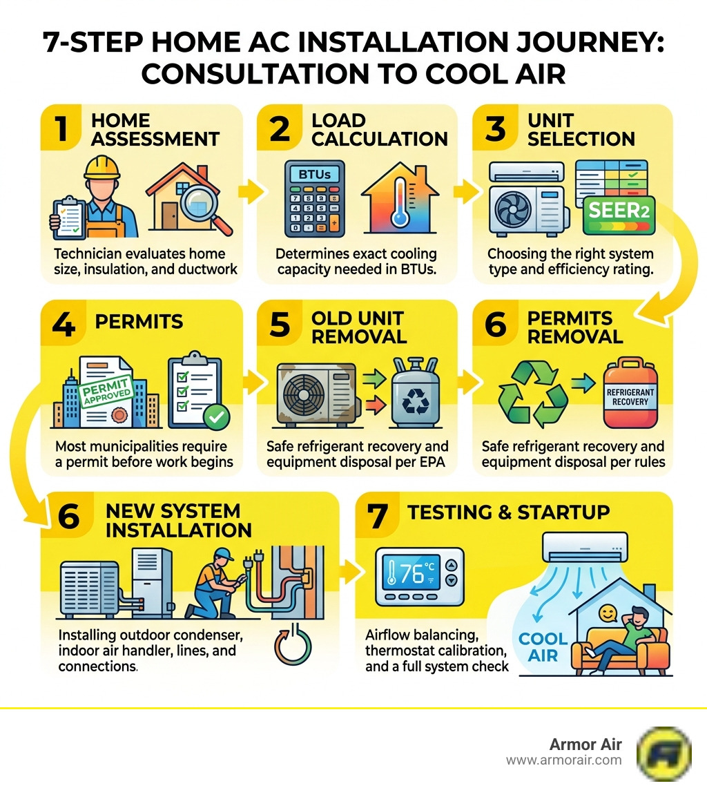7-step home AC installation journey from consultation to cool air infographic - home ac unit installation infographic 7-step home AC installation journey from consultation to cool air infographic - home ac unit installation infographic