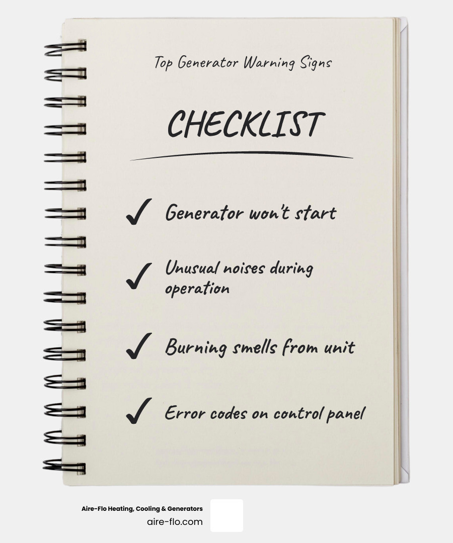 Infographic showing common generator problems, warning signs, and steps to restore power for Delaware OH homeowners