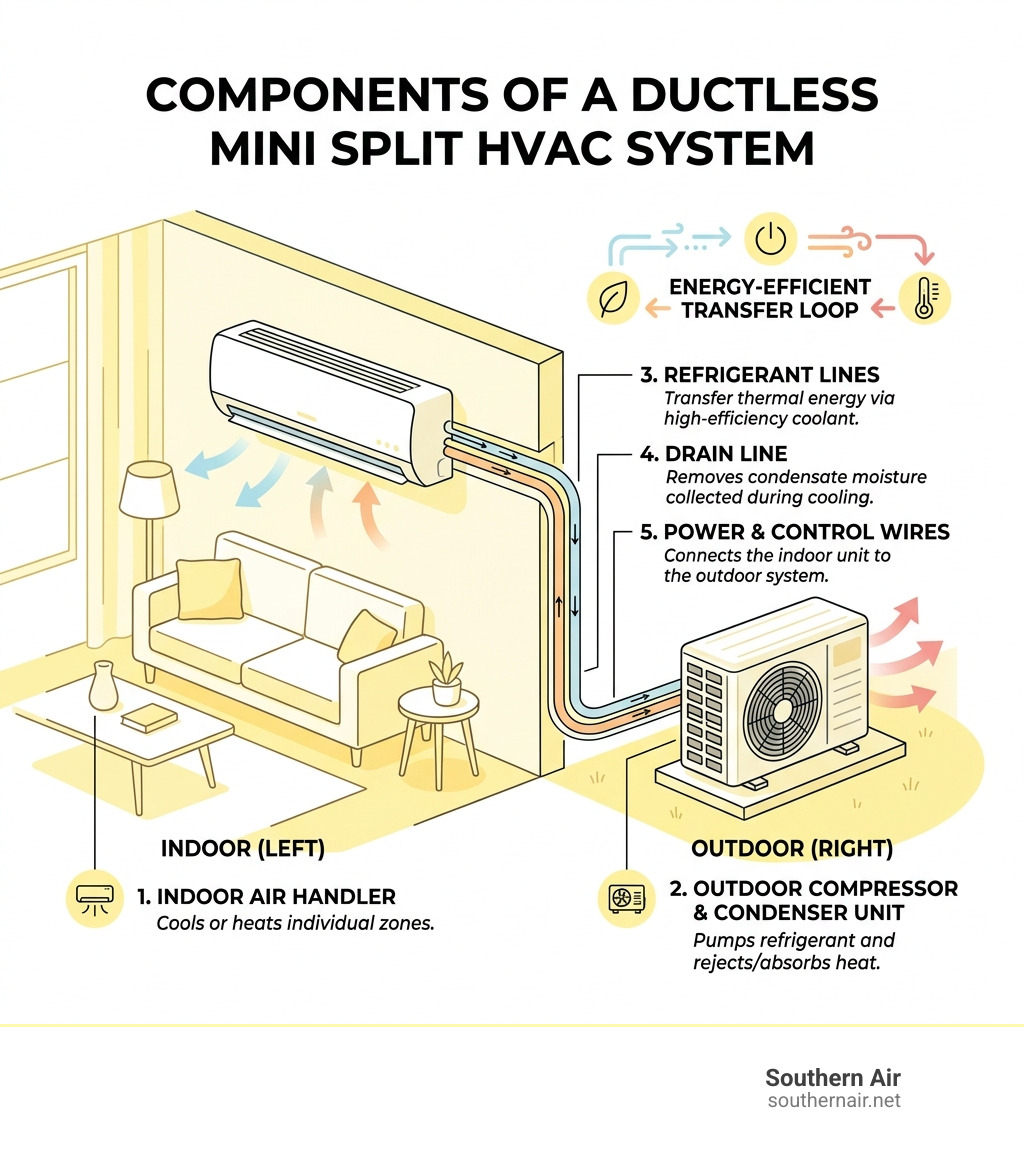 Infographic showing components of a ductless mini split system including outdoor compressor, refrigerant lines, and indoor Infographic showing components of a ductless mini split system including outdoor compressor, refrigerant lines, and indoor