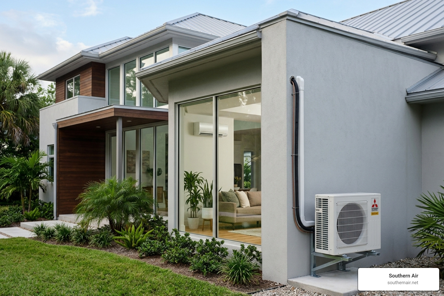 Outdoor compressor unit connected to an indoor unit via refrigerant lines - ductless mini split hvac Outdoor compressor unit connected to an indoor unit via refrigerant lines - ductless mini split hvac
