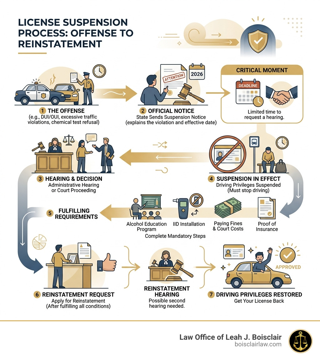 Step-by-step infographic: license suspension process from offense to reinstatement - license suspension lawyer infographic 