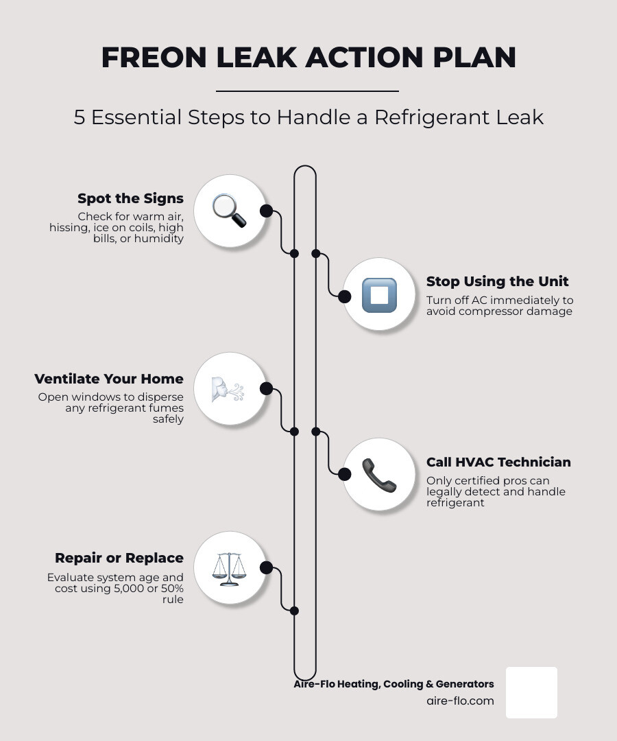 Infographic showing 5 signs of a freon leak, immediate steps to take, and repair vs replace decision guide - freon leak in