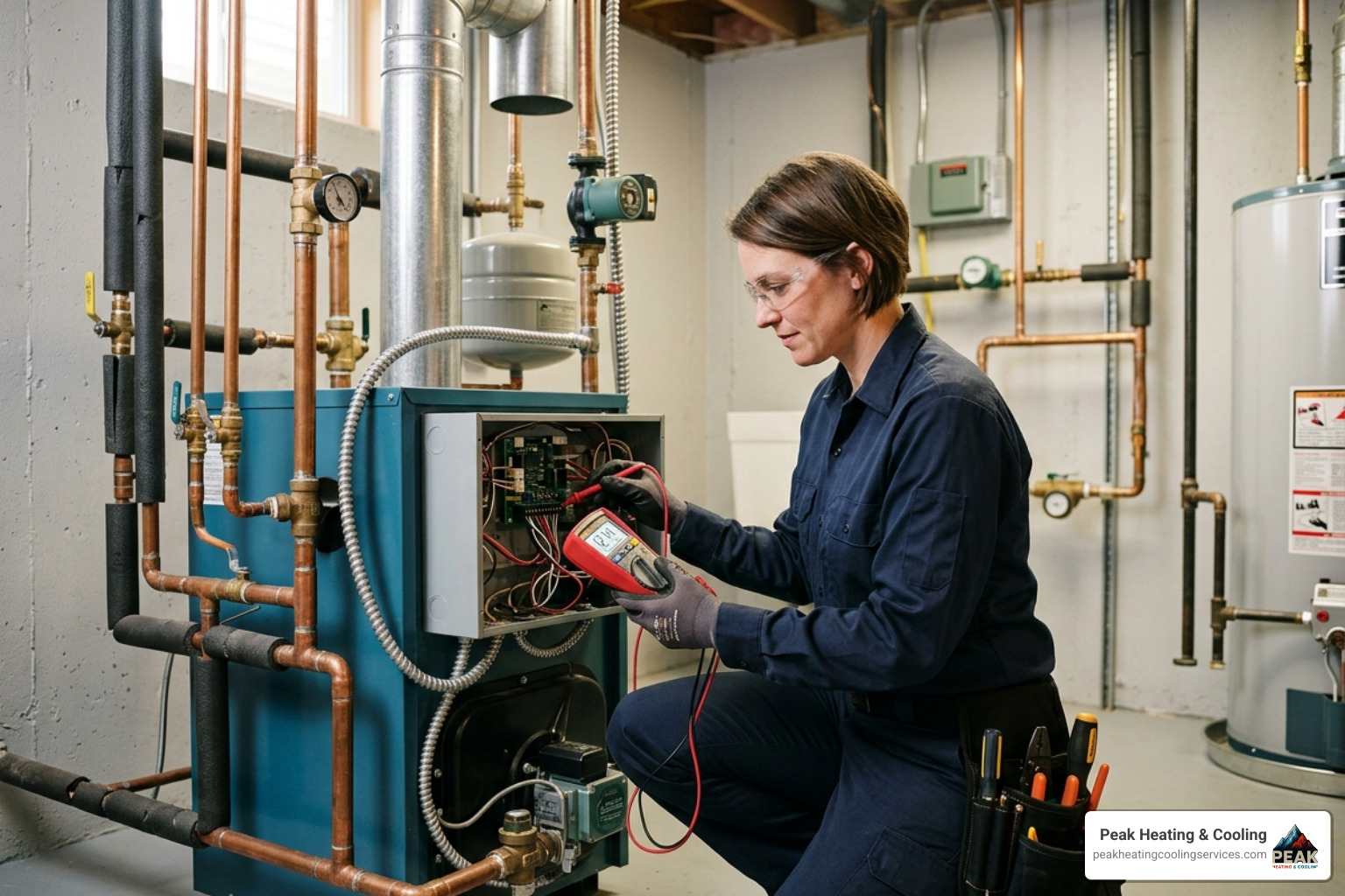 HVAC technician in uniform using a multimeter to check electrical connections on a boiler system - replacing circulator pump