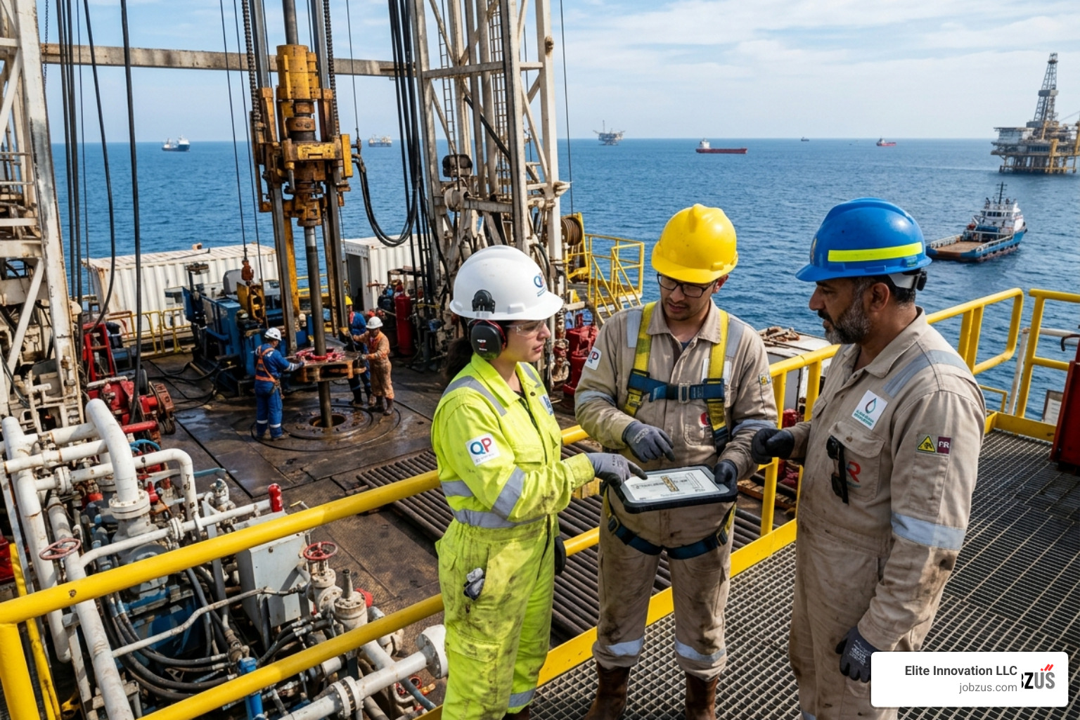 petroleum engineers discussing operations on a Qatar offshore rig floor - oil rig jobs in qatar