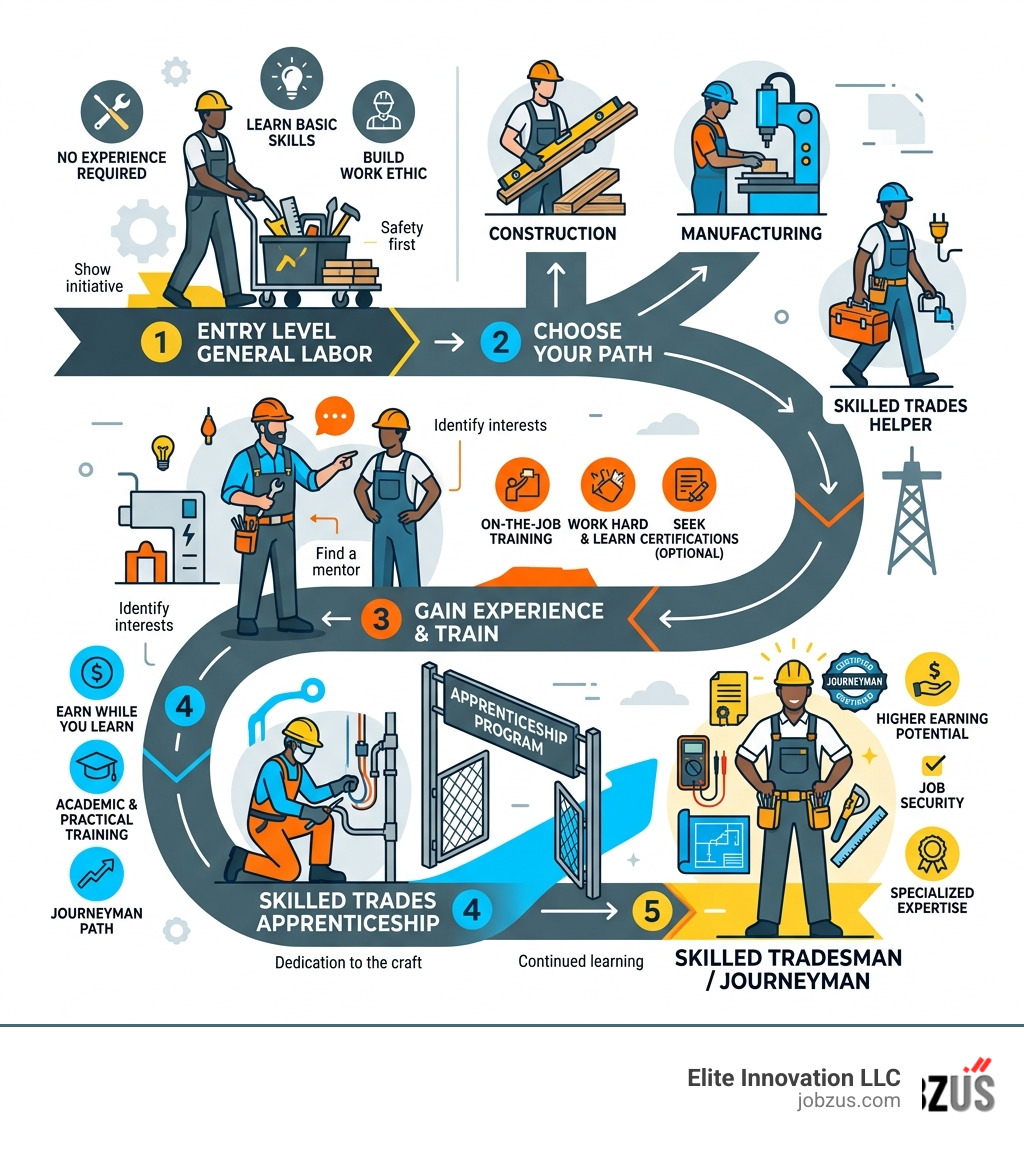 Step-by-step path from entry-level general laborer to skilled tradesman infographic - entry level general labor jobs