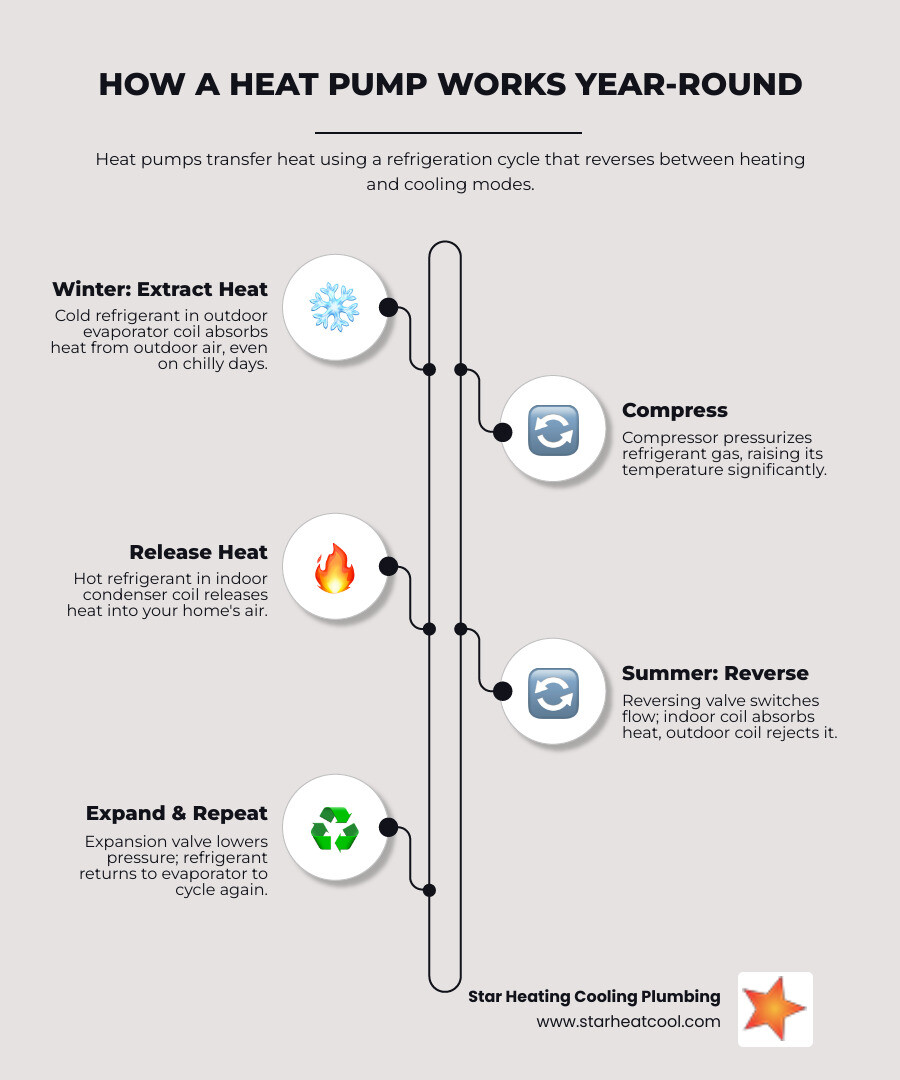 Infographic showing how a heat pump transfers heat from outdoor air to indoors in winter and reverses in summer - how does a