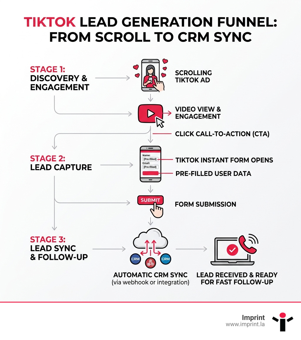 TikTok lead generation funnel from scroll to form submission to CRM sync - tiktok ads lead generation infographic 