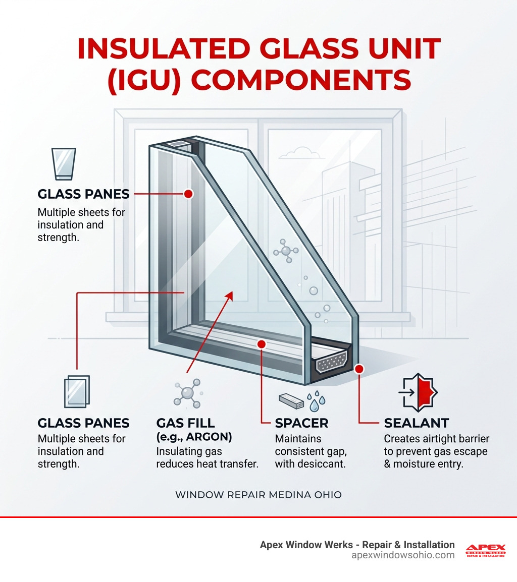 Infographic showing components of an insulated glass unit IGU including glass panes, spacer, gas fill, and seal - window Infographic showing components of an insulated glass unit IGU including glass panes, spacer, gas fill, and seal - window