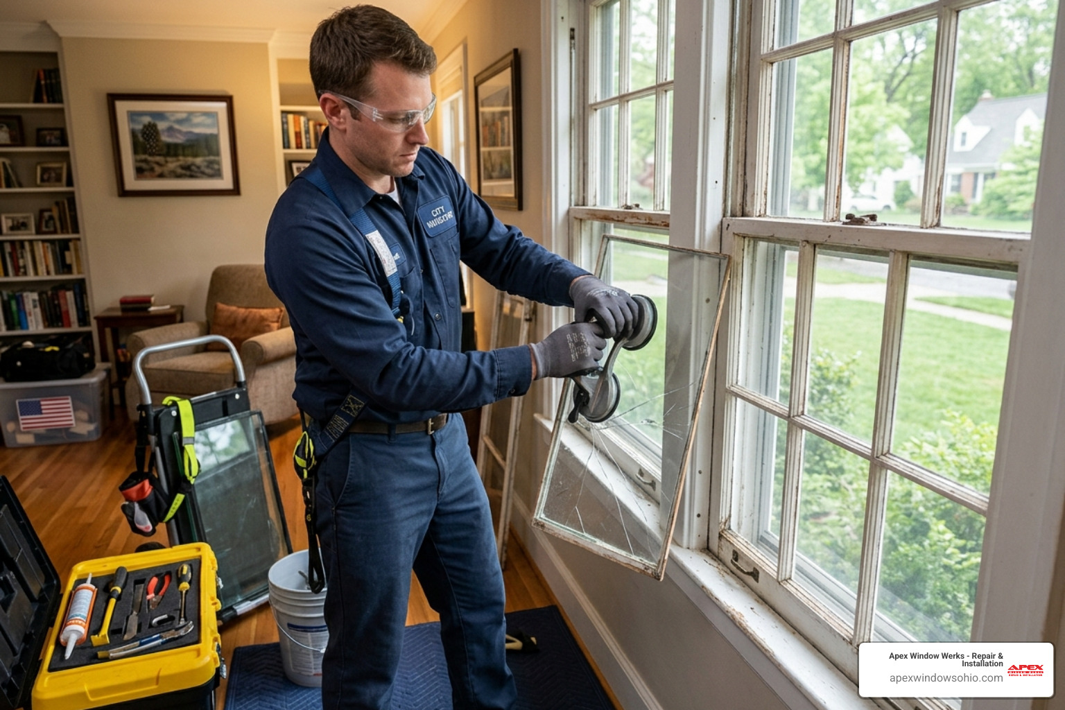 Technician carefully removing a damaged glass pane from a window frame - window repair Medina Ohio Technician carefully removing a damaged glass pane from a window frame - window repair Medina Ohio