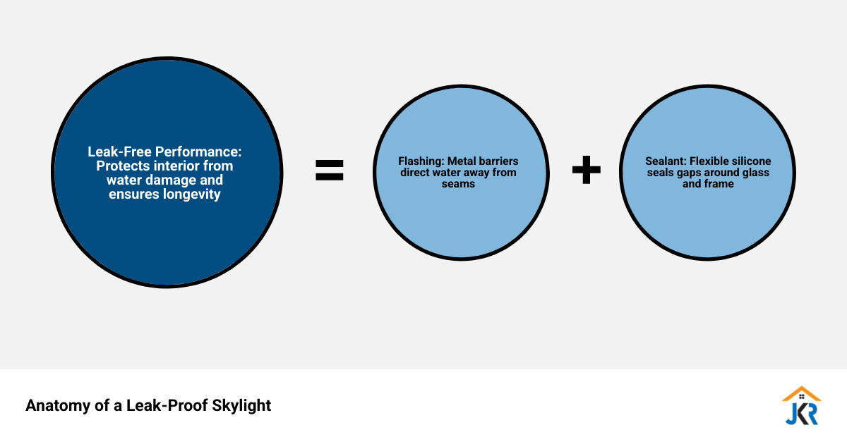 Anatomy of a leak-proof skylight showing flashing, sealant, drainage, and glazing layers - Skylight roof repair infographic Anatomy of a leak-proof skylight showing flashing, sealant, drainage, and glazing layers - Skylight roof repair infographic