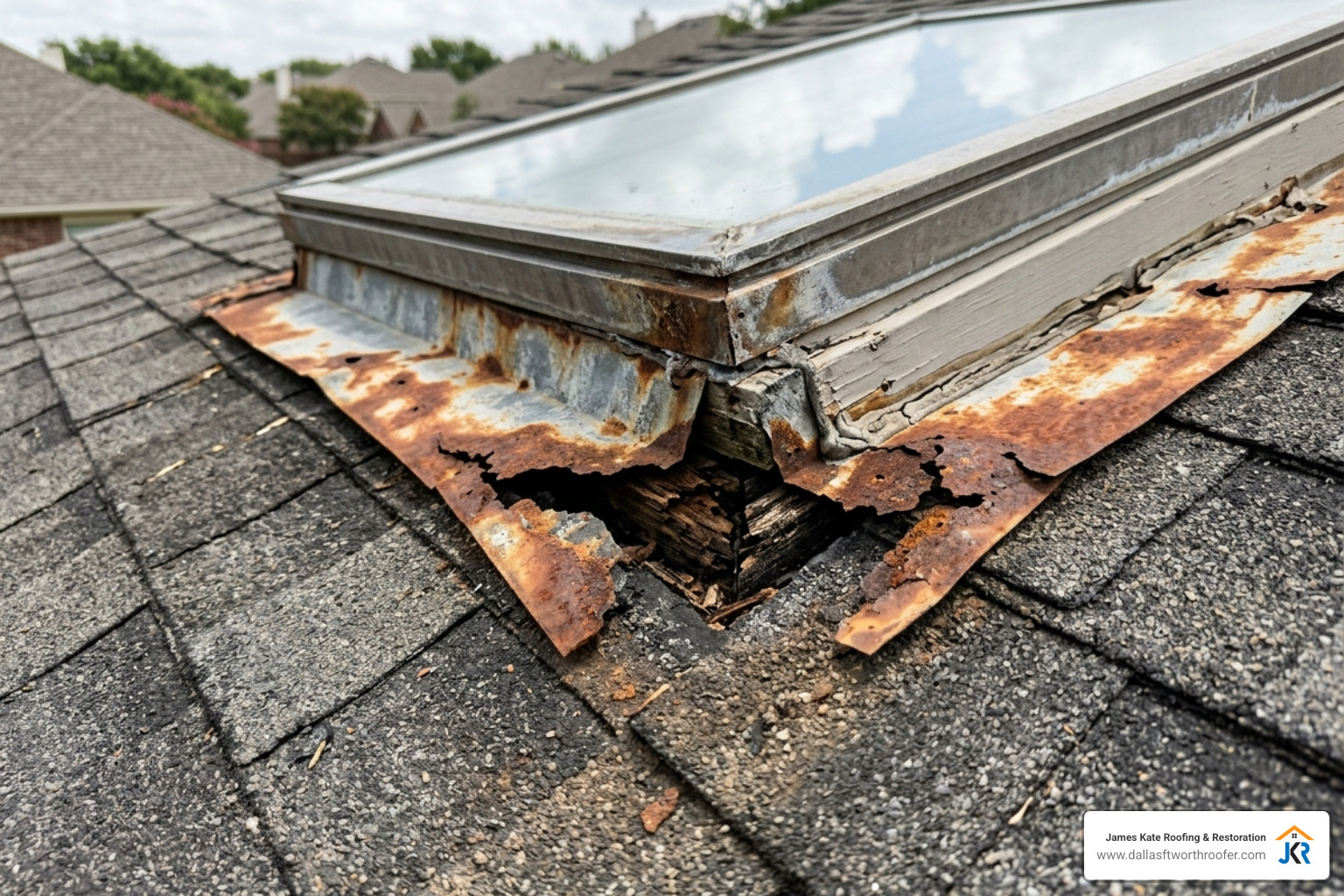 Damaged roof flashing with rusted metal and gaps around a skylight frame - Skylight roof repair Damaged roof flashing with rusted metal and gaps around a skylight frame - Skylight roof repair
