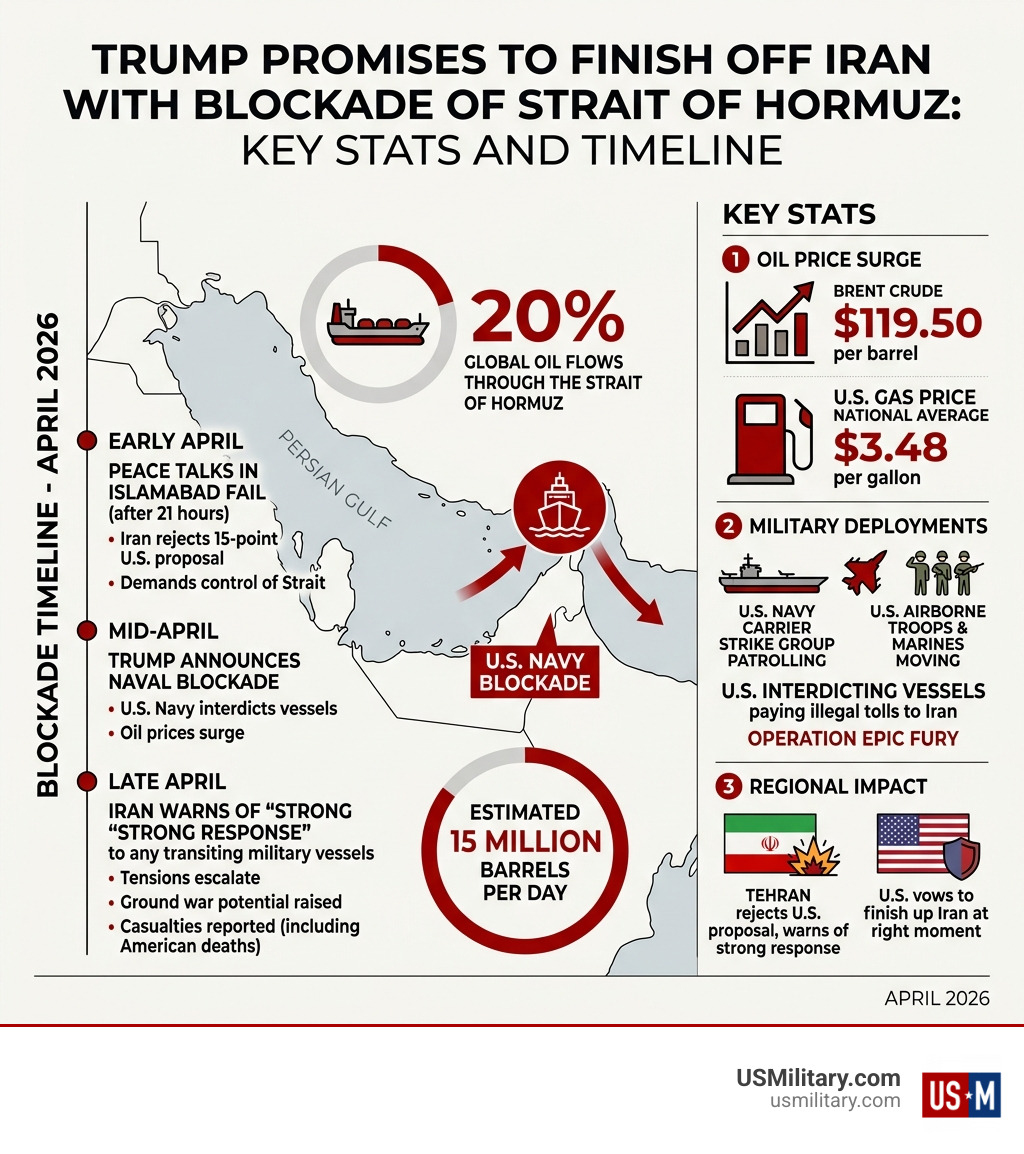 Infographic showing Strait of Hormuz carrying 20% of global oil, blockade timeline, and key stats - Trump Promises To Finish Infographic showing Strait of Hormuz carrying 20% of global oil, blockade timeline, and key stats - Trump Promises To Finish
