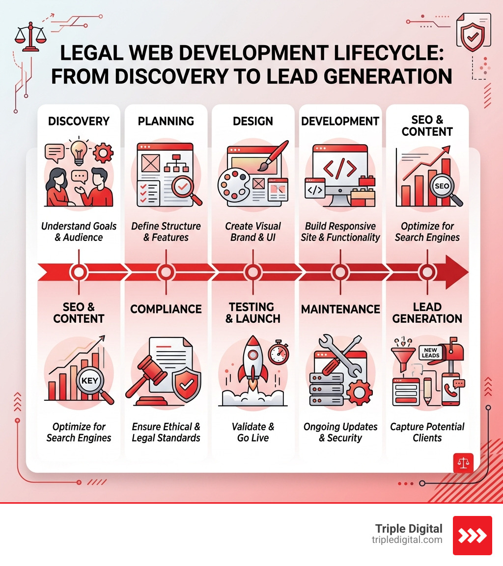Legal web development lifecycle infographic showing stages from discovery to lead generation - lawyer website developer Legal web development lifecycle infographic showing stages from discovery to lead generation - lawyer website developer