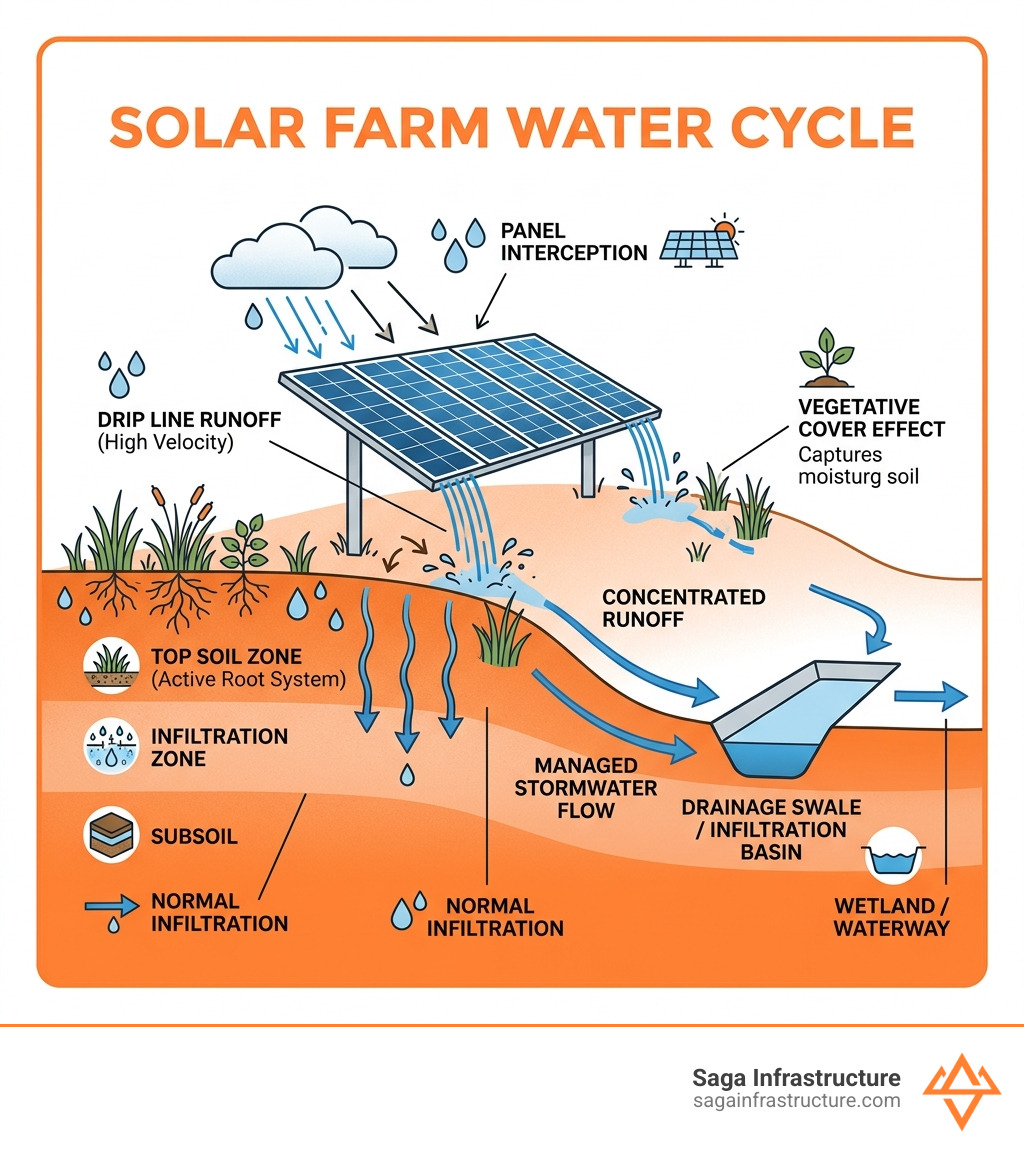 Solar farm water cycle showing drip line runoff, soil moisture zones, and stormwater flow paths - solar farm erosion control