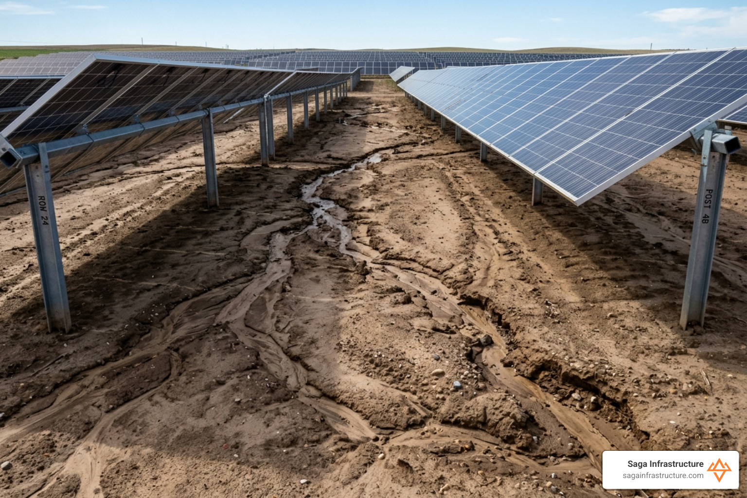 soil rills and erosion gullies forming under solar panel rows - solar farm erosion control