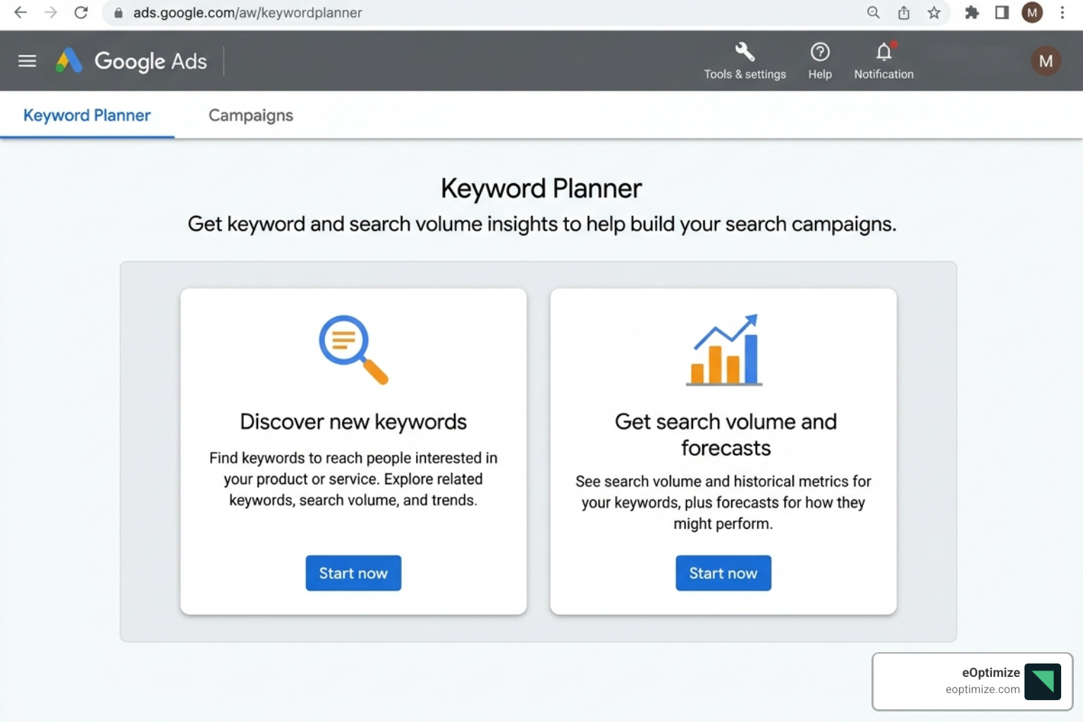 The selection screen showing 'Discover new keywords' and 'Get search volume and forecasts' options - google keyword planner