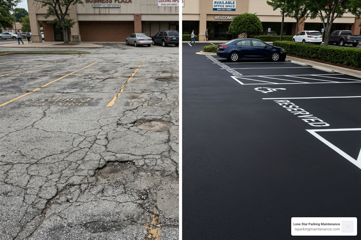 Comparison of a gray, cracked asphalt surface versus a dark, smooth, professionally sealed parking lot - asphalt repair Comparison of a gray, cracked asphalt surface versus a dark, smooth, professionally sealed parking lot - asphalt repair
