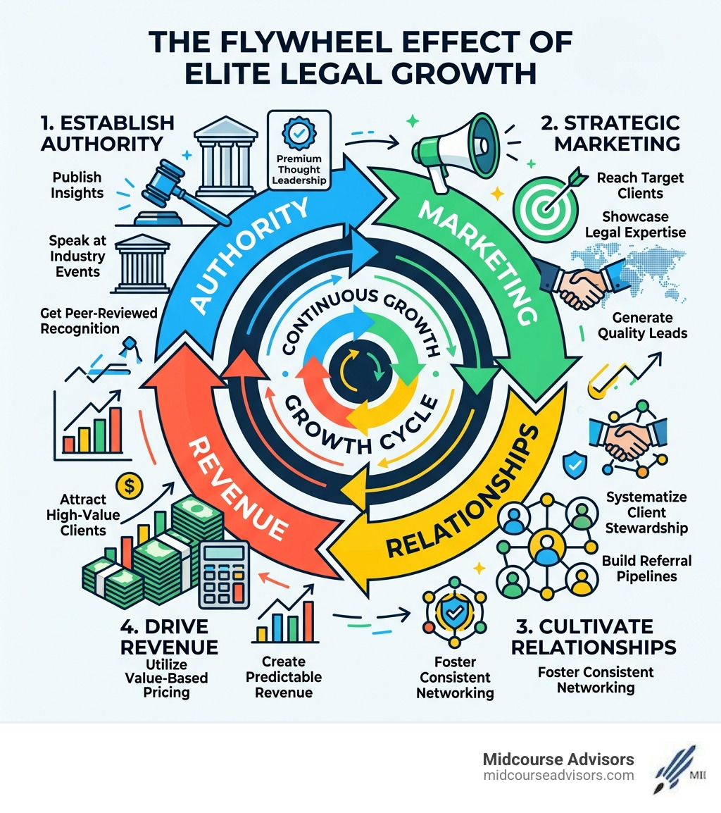 Flywheel Effect of elite legal growth showing authority, marketing, relationships, and revenue as a cycle - elite lawyer