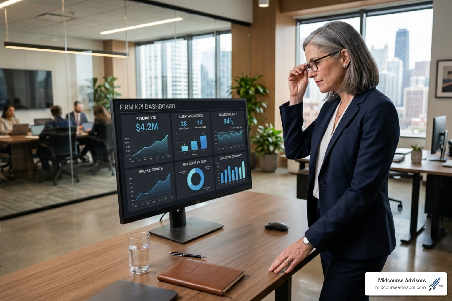 law firm leader reviewing a digital KPI dashboard - elite lawyer business strategies