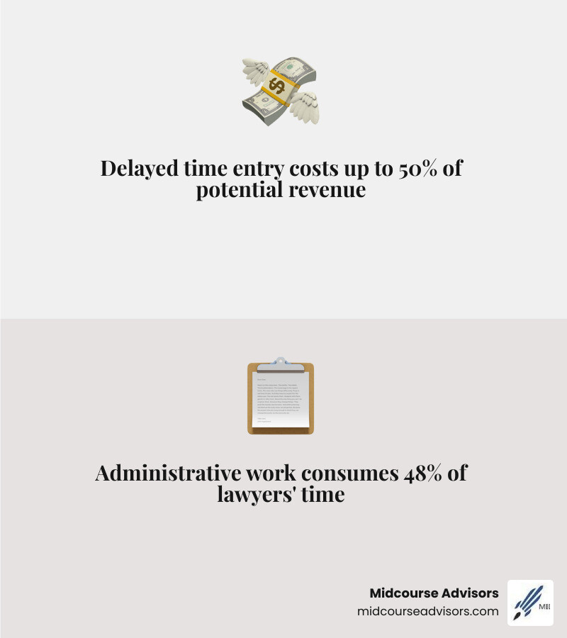 Infographic showing revenue loss from delayed time entry and key strategies to increase billable hours in 2026 - increase