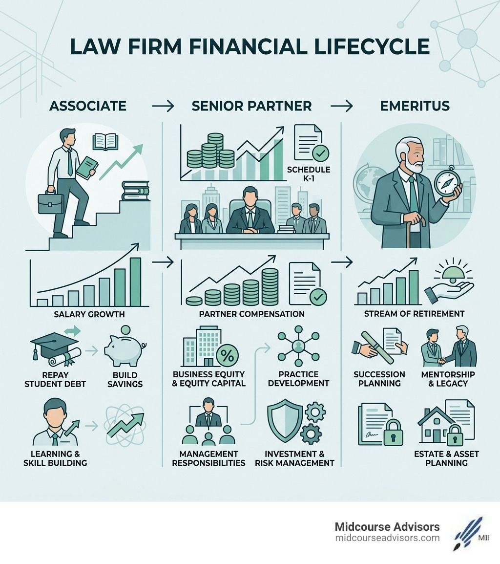 Law firm financial lifecycle from associate to senior partner to emeritus - law firm financial planning infographic Law firm financial lifecycle from associate to senior partner to emeritus - law firm financial planning infographic