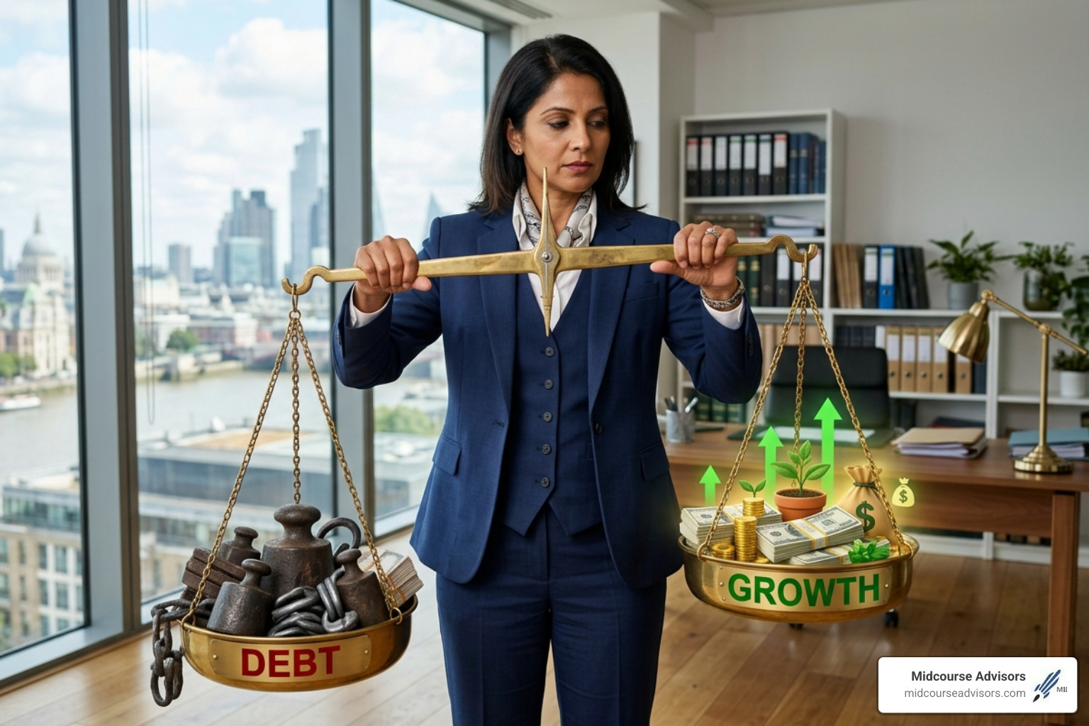 A legal professional balancing a scale with "Debt" and "Growth" - law firm financial planning A legal professional balancing a scale with "Debt" and "Growth" - law firm financial planning