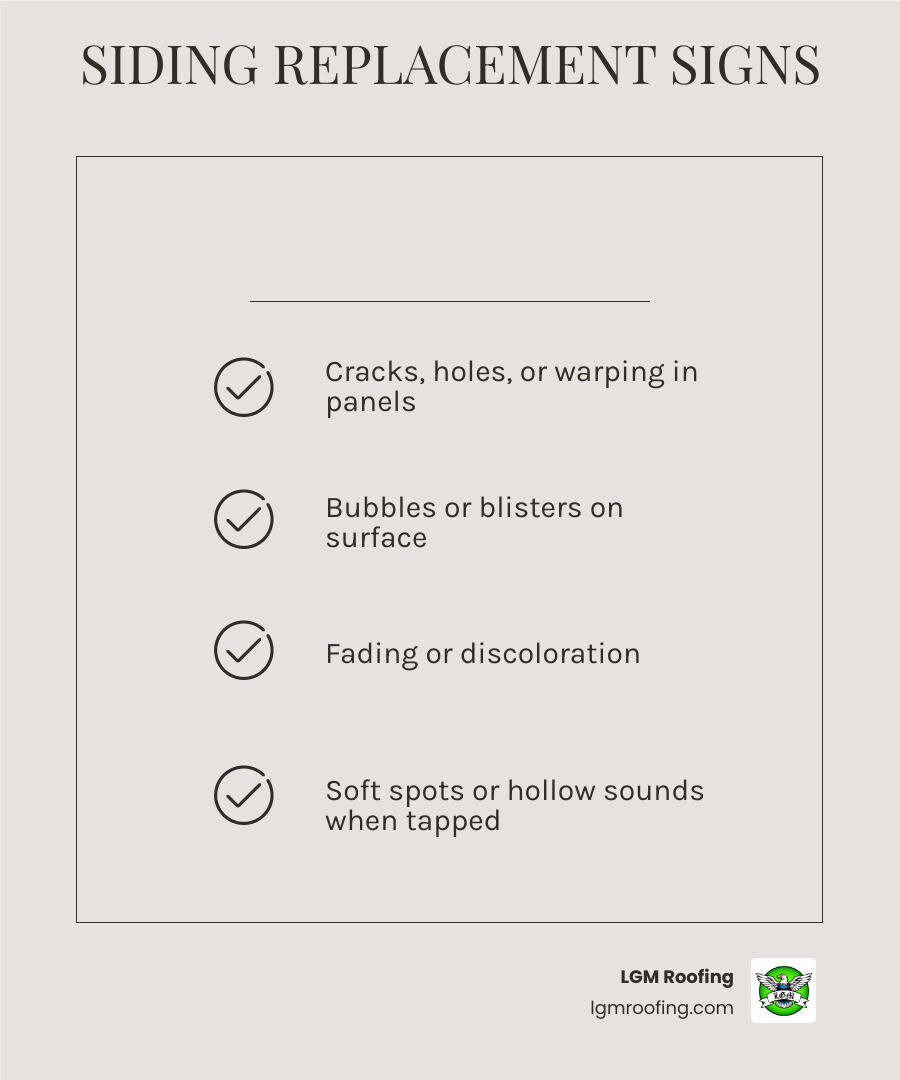 Infographic showing 10 key signs your siding needs replacement with icons for each warning sign - signs your siding needs