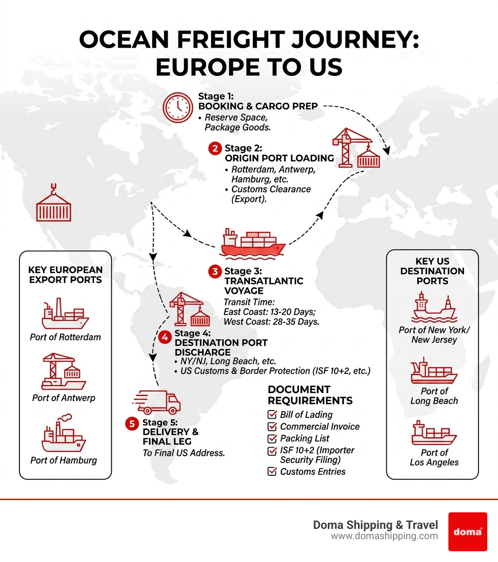 Ocean freight journey from Europe to US: key steps, transit times, ports, and document requirements - freight from europe to